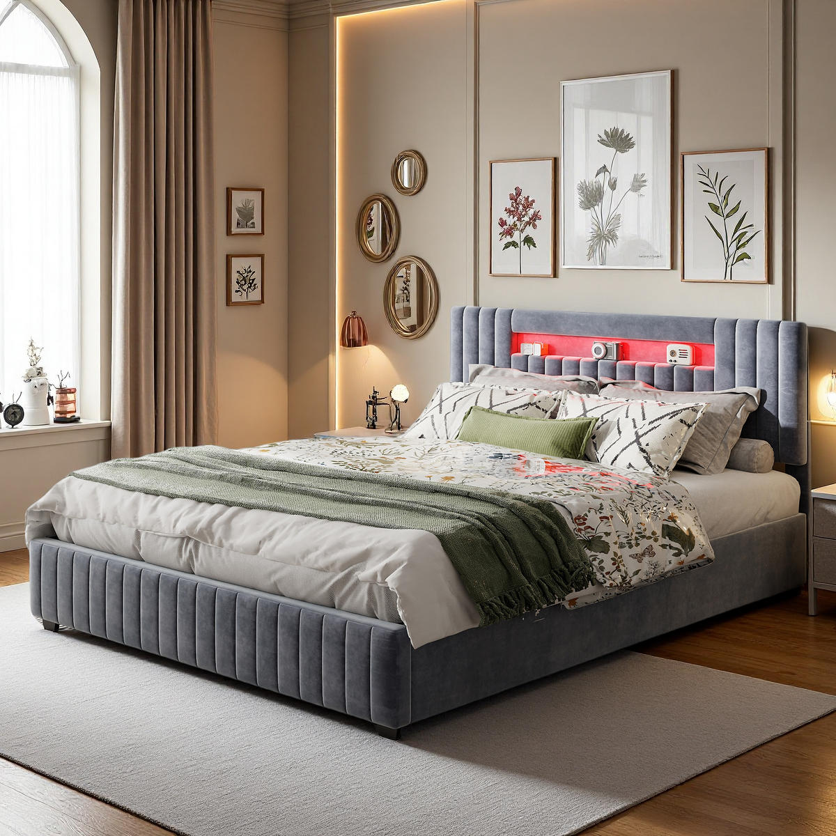 POLSTERBETT 160x200 Grau Samt LED - Grau, Metall (160/200cm) - SHOPENTRA