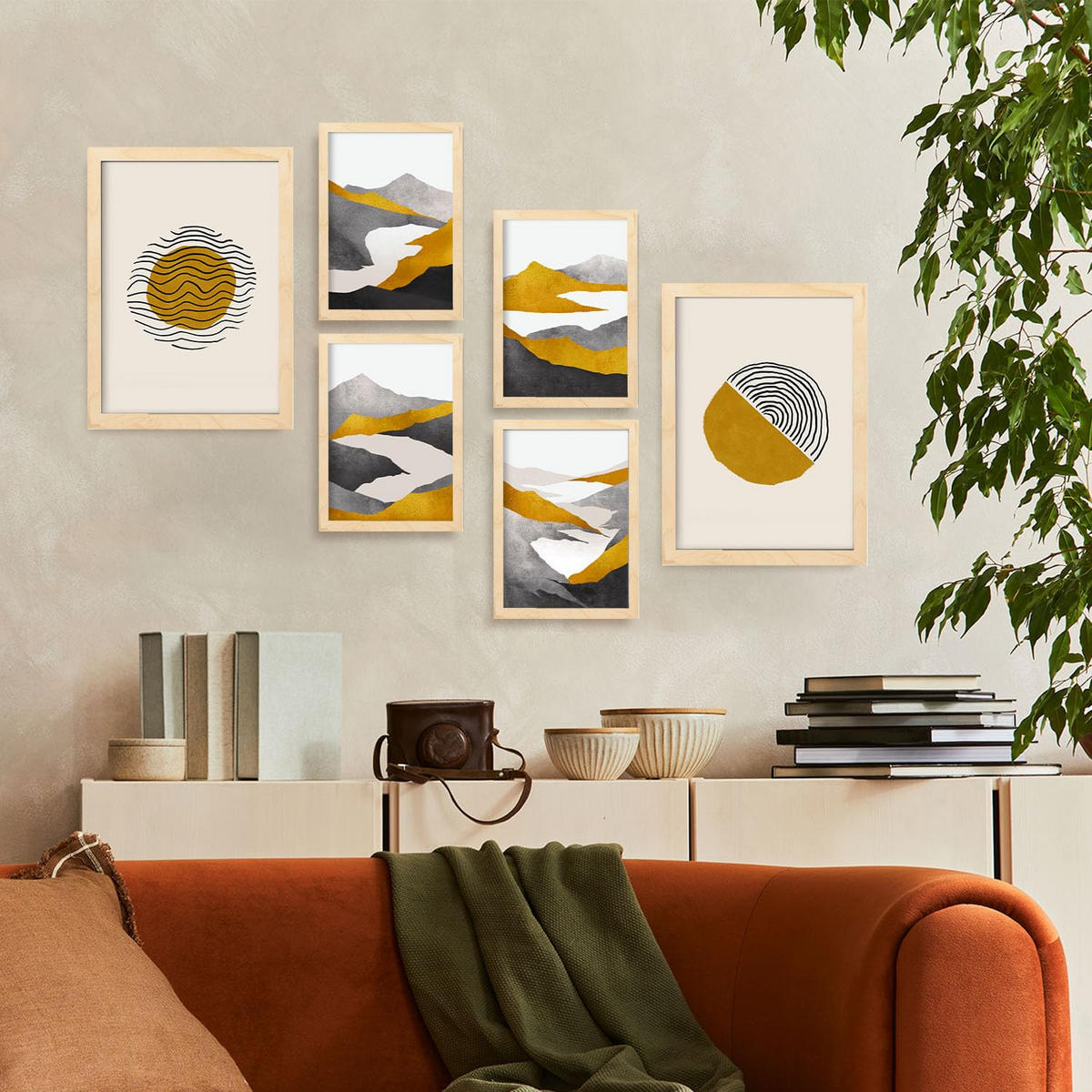 POSTER Set Mit 6 Zykloidale Natur In Kulissen Abstracts Ästhetische Dekorative Gemälde Für Ihr Wohnzimmer Zuhause A3 & A4 Rahmen Aus Hellem Holz - Beige, Papier (29/3cm) - Nacnic