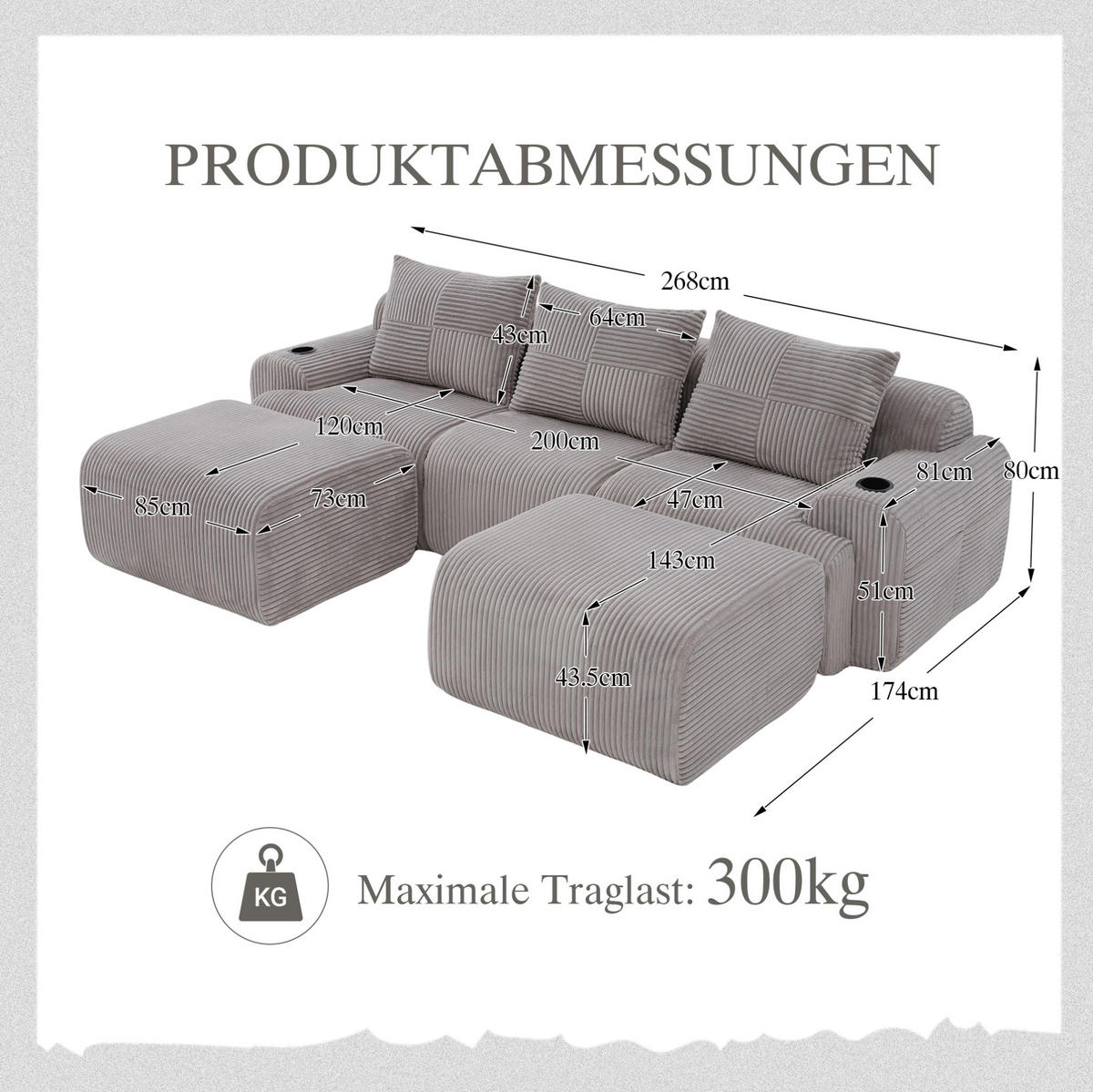 SOFA modular 3-Sitzer Cord Light Gray mit 2 Hockern - Hellgrau, Kunststoff (174/80/268.1cm) - Meubliv