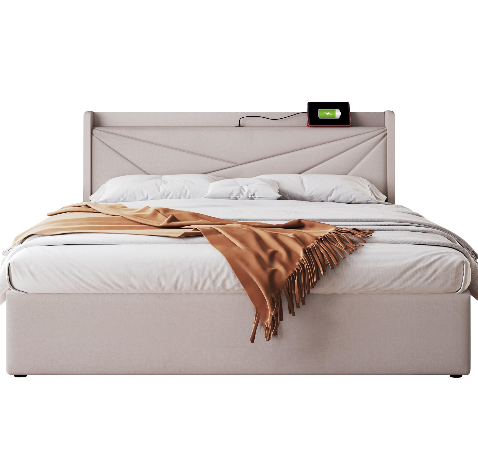 POLSTERBETT mit Bettkasten 160/200 cm in Beige mit USB-C und gepolstertem Kopfteil - Beige, Textil (160/200cm) - BEAOK