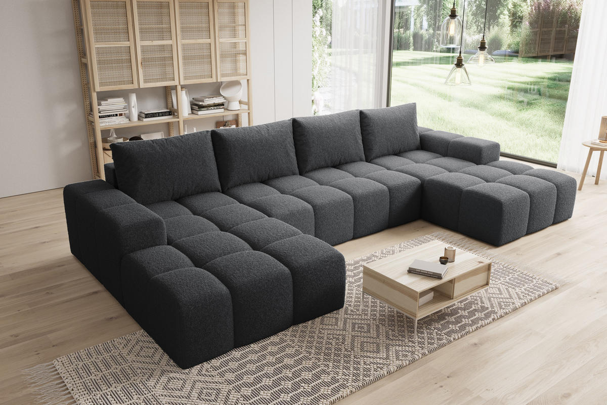 WOHNLANDSCHAFT Cento, Couch U-Form, Teddy-Bouclé, 360x57x180 cm, Schwarz - Schwarz, Holz (360/56/180cm) - PROMETO Möbel