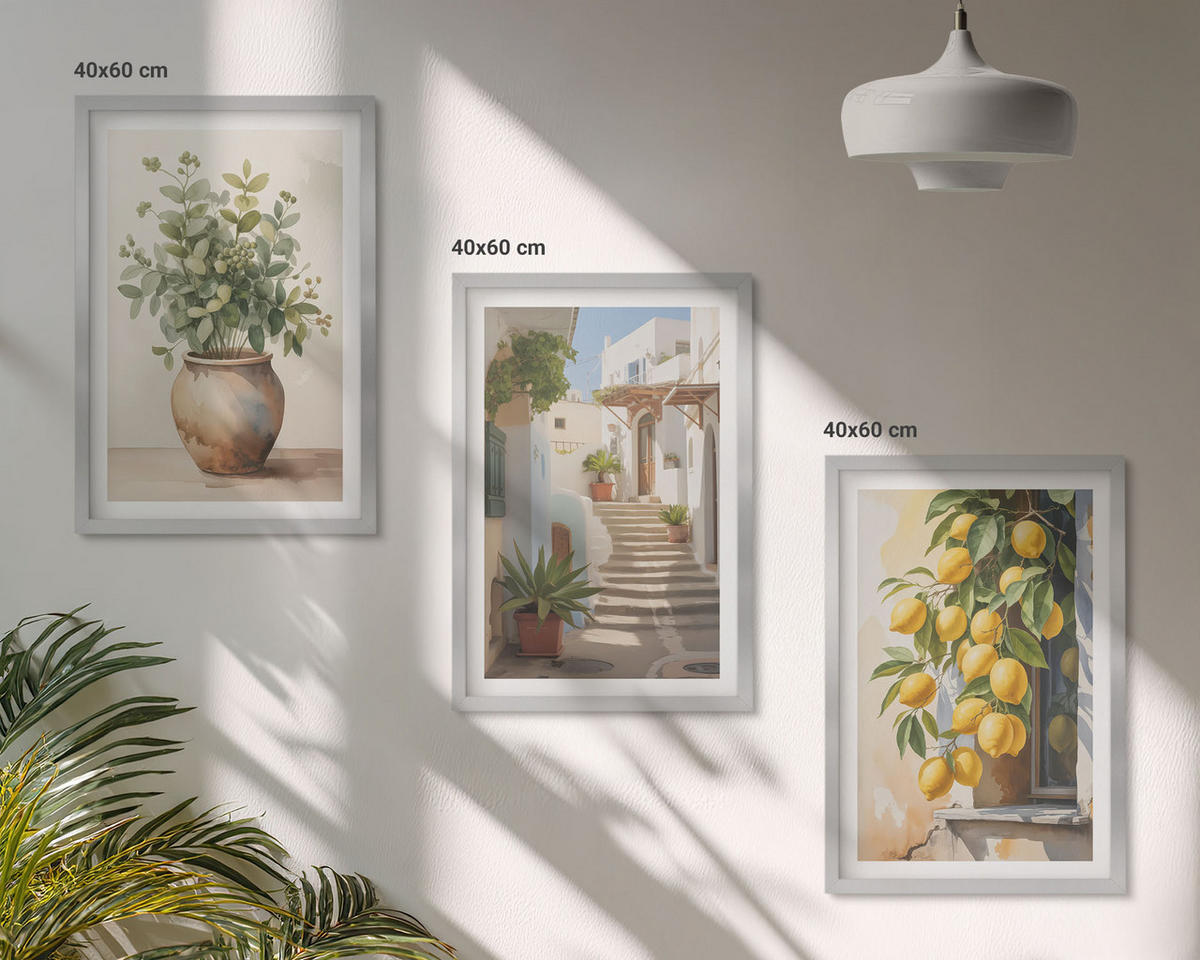WANDBILDER 3er Set - 40x60 cm Silberner Rahmen - Zitronenblumen im Topf, Straßen - Silberfarben, Kunststoff (40/60cm) - ArtPrintCave