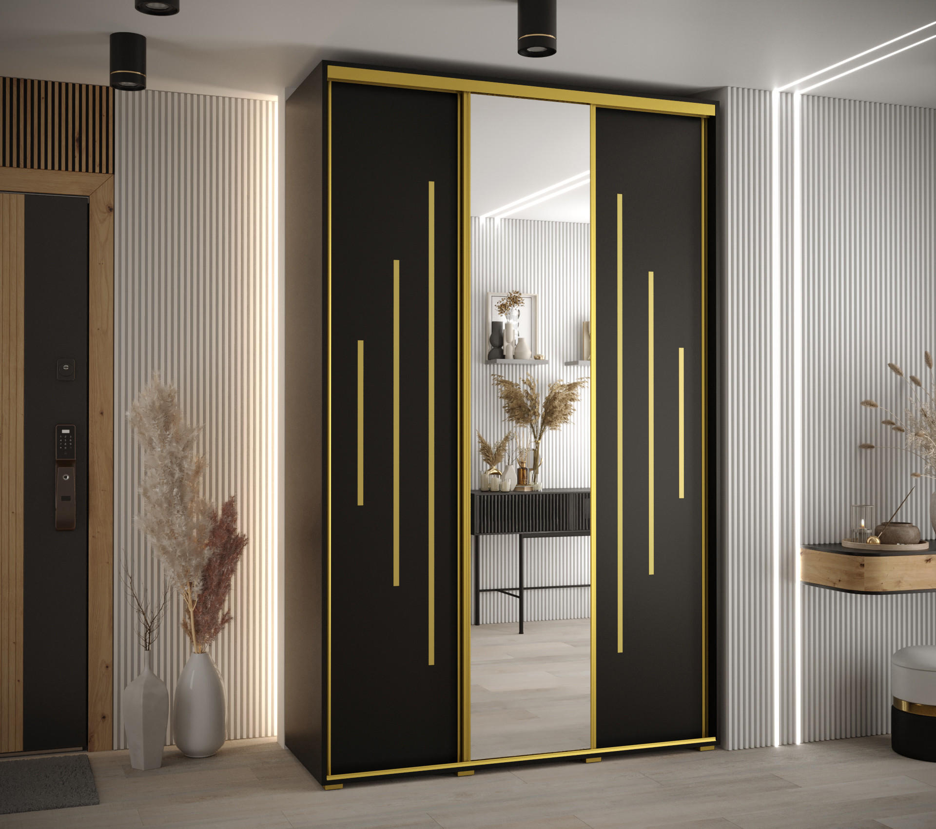 SCHWEBETÜRENSCHRANK 235,2/150/60 3-türig - Goldfarben/Schwarz, Holz/Metall (150/235/60cm) - Abiks Möbel
