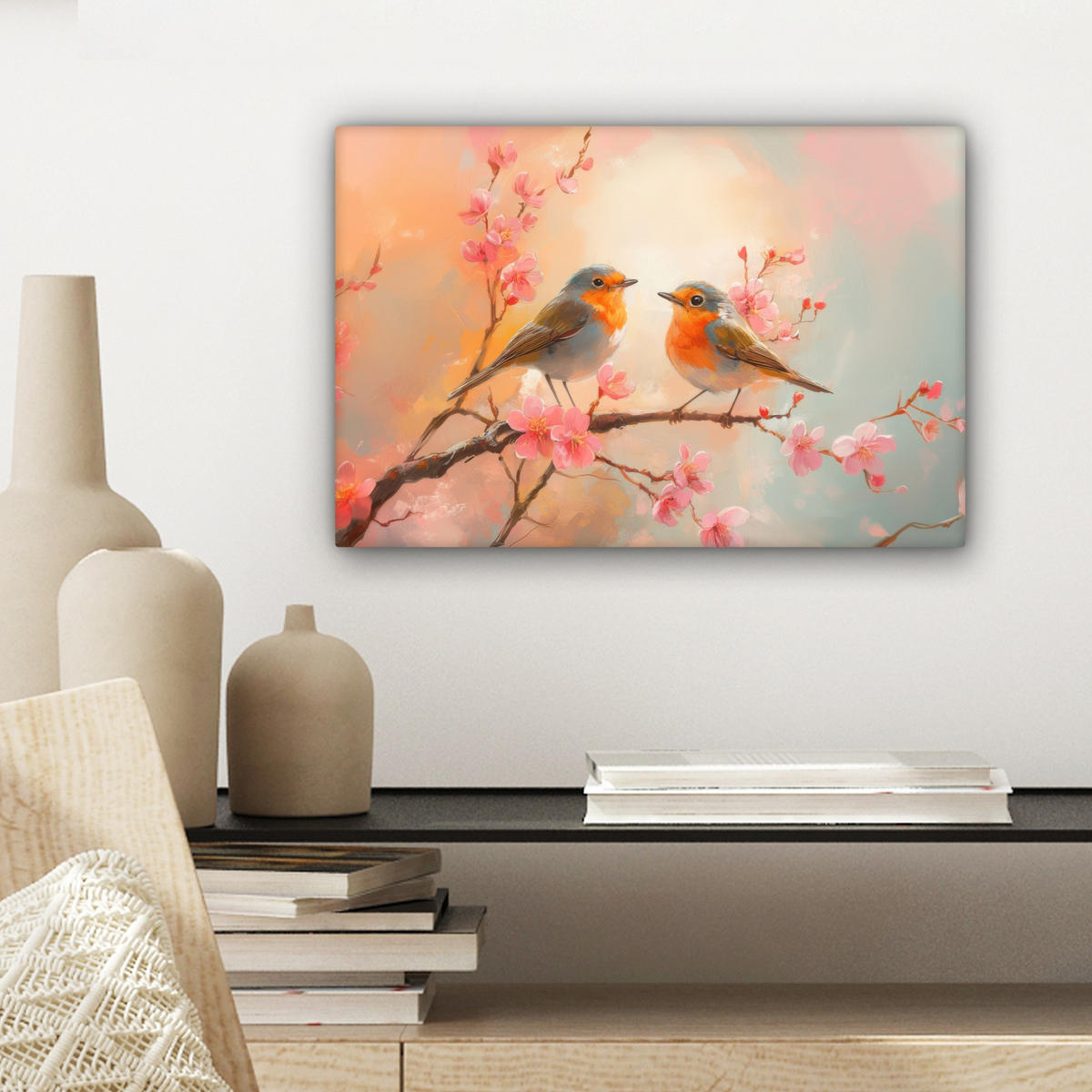 LEINWANDBILD Rotkehlchen - Zierpflanze - Blütenzweig Deko Schlafzimmer 30x20 cm - Hellrosa, Textil (30/20cm) - MuchoWow