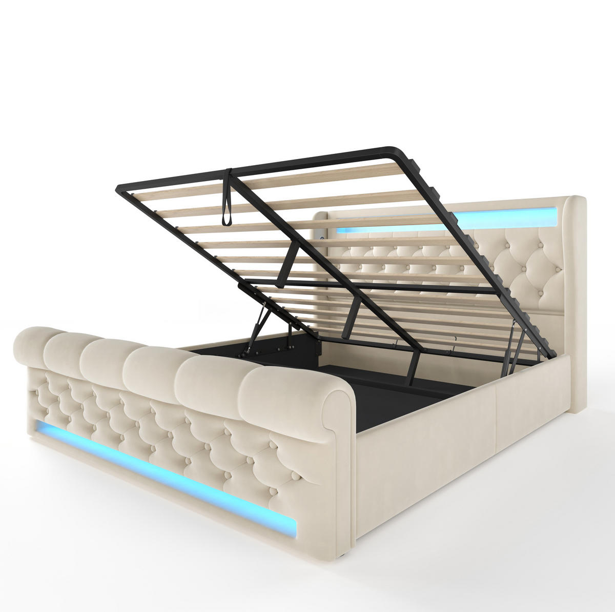 TAPECIRANI krevet od baršuna 140x200 cm bež s LED rasvjetom, USB i Type-C priključcima te hidrauličkim spremištem - bež, tekstil (140/200cm) - Modfu