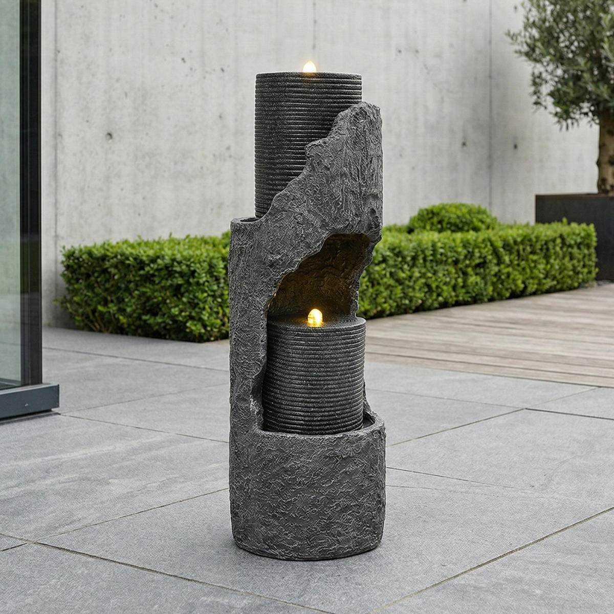 GARTENBRUNNEN, LED-Beleuchtung, Kunststein, Wasserspiel, Grau - Grau, Naturmaterialien (34.5/34.5/100.5cm) - FLIEKS