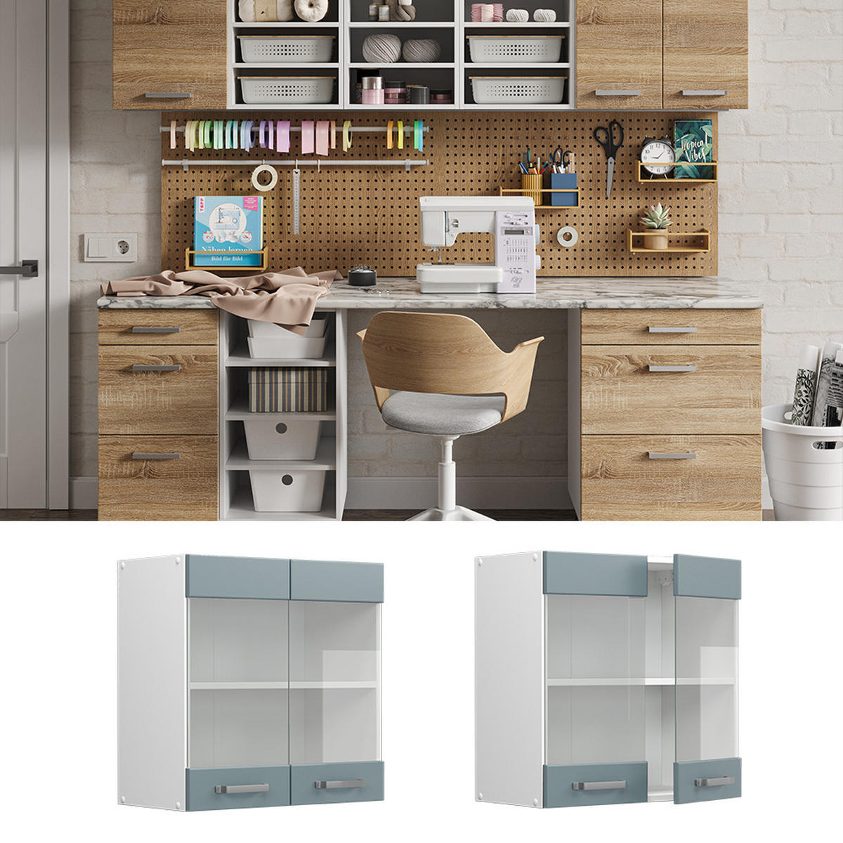 UNIVERZÁLNÍ NÁSTĚNNÁ SKŘÍŇKA R-Line Modrošedá - bílá/šedohnědá, kompozitní dřevo (60/60/31cm) - Vicco