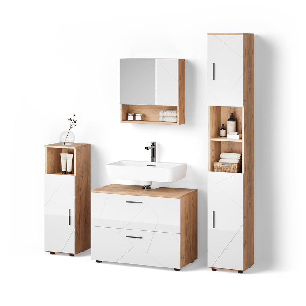 BADMÖBEL-SET Ronco Weiß Hochglanz/Goldkraft Eiche 4 Teile, mit Schubladenschrank und Hochschrank - Honigeiche/Weiß Hochglanz, Holzwerkstoff (80/58/41cm) - Livinity®
