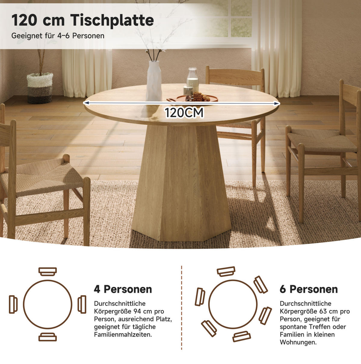 ESSTISCH 120/120/75 cm eichefarben aus MDF für 4-6 Personen - Eichefarben, Holzwerkstoff (120/120/75cm) - OKWISH