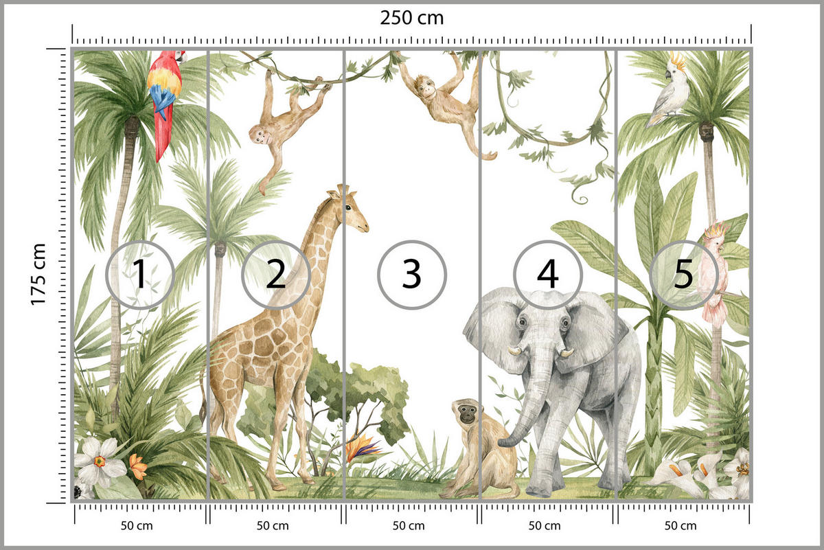 FOTOTAPETE für Kinderzimmer Dschungel Tiere Giraffe Elefant Palmen 250x175 - Beige/Rot, Papier (250/175cm) - Muralo