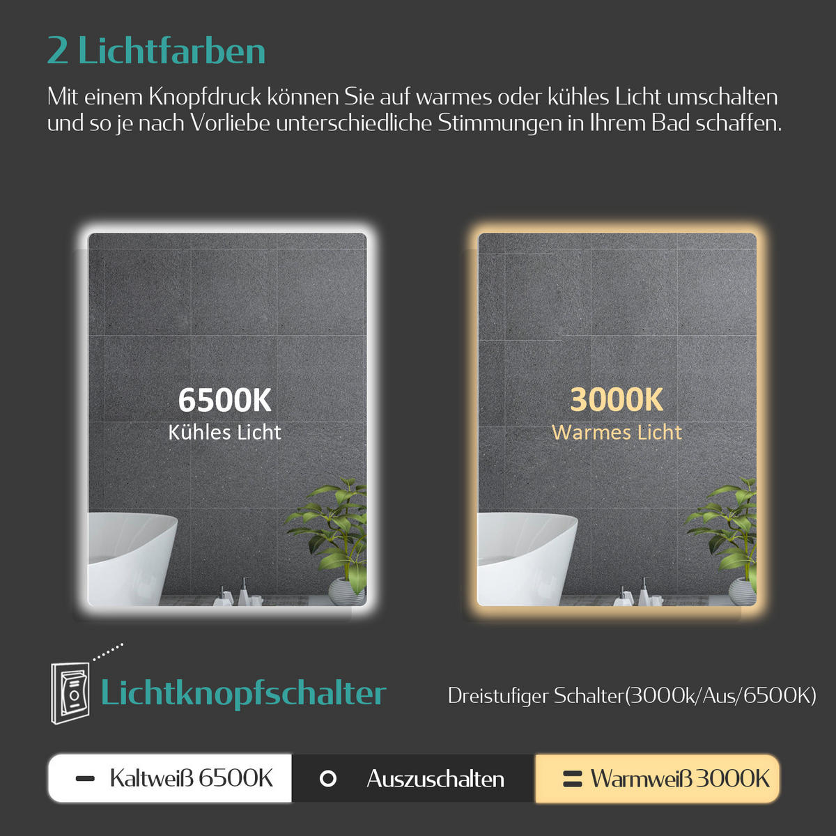 BADSPIEGEL mit Anti-Beschlag Beleuchtung Rechteckig 60/40 cm - Weiß, Glas (40/3.6/60cm) - EMKE
