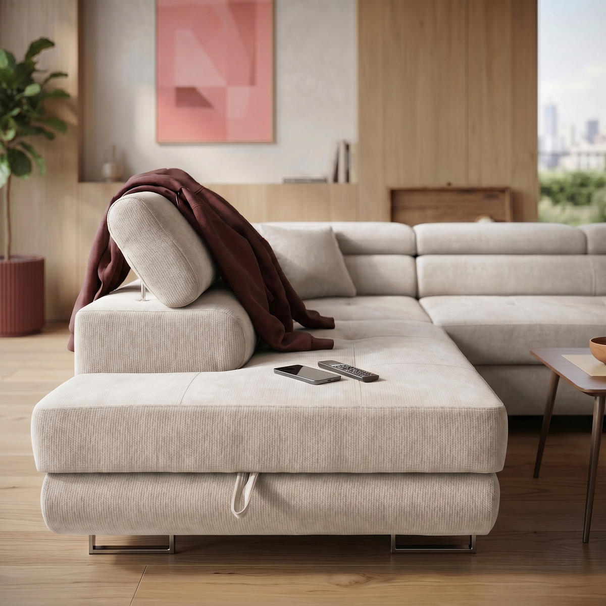 ECKSOFA U-Form WILD U Links mit Schlaffunktion 130x260 Chenille Beige - Beige/Silberfarben, Holz/Textil (350/90/203cm) - Muffo