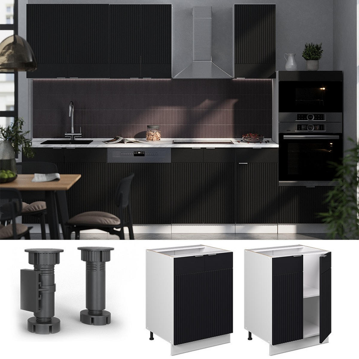 KÜCHENUNTERSCHRANK Fame-Line Schwarz gestreift 60 cm , AP Anthrazit - Schwarz/Weiß, Holzwerkstoff (60/82/60cm) - Vicco