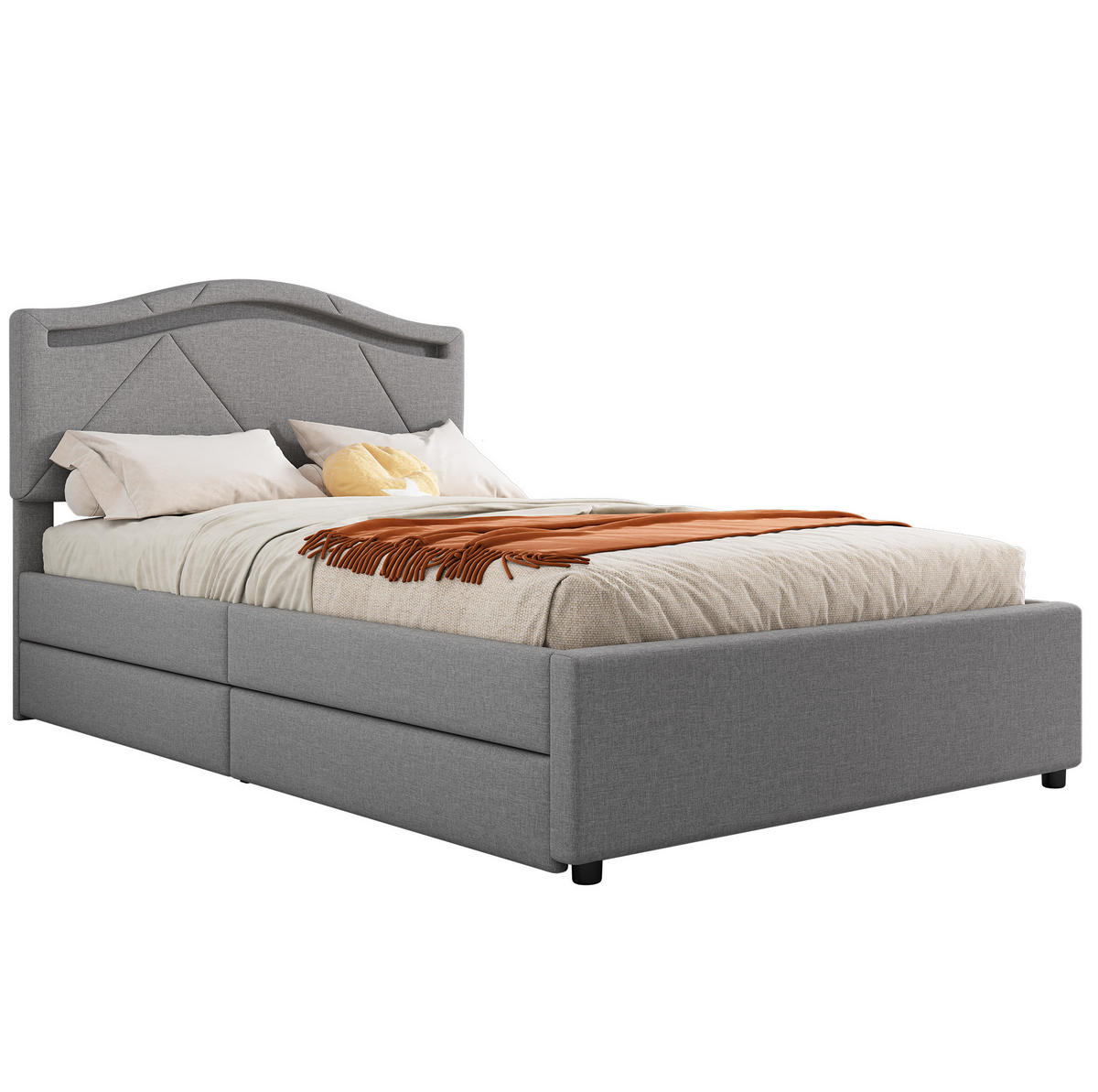POLSTERBETT 90/200 cm mit LED-Beleuchtung, 2 Schubladen, verstellbarem Kopfteil und Lattenrost, Grau - Grau, Textil (90/200cm) - Redom