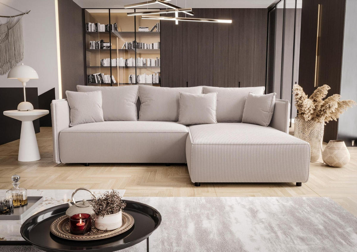 ECKSOFA MILANO rechts weiß Cord Poso 100 - Schlaffunktion, Bettkasten - Weiß, Textil (245/184cm) - Cornero