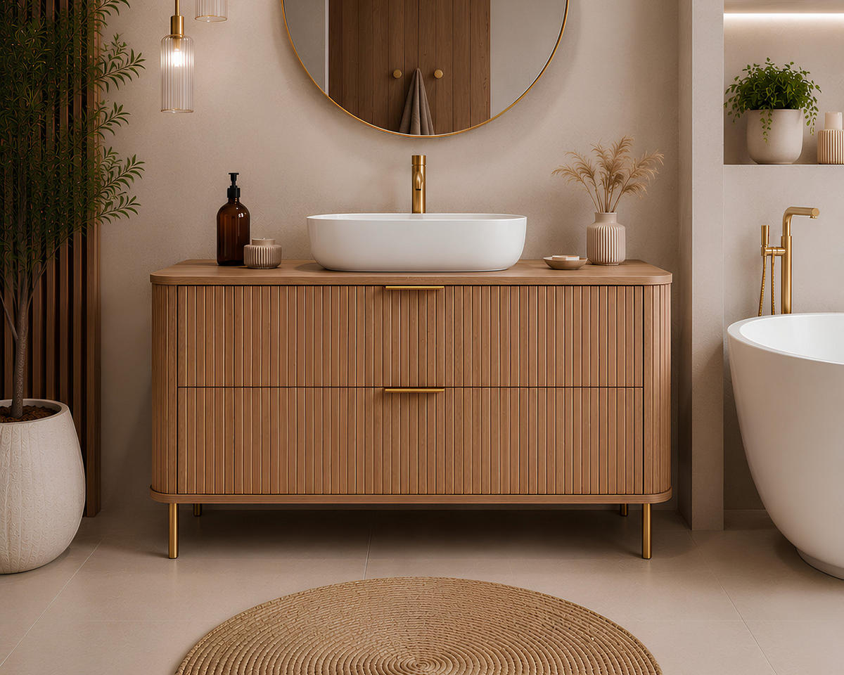 BADEZIMMERSCHRANK : Farbe Eiche Craft, Griff gold, Füße gold, 120 x 41,5 x 66,7 cm - Eichefarben/Goldfarben, Holzwerkstoff (120/66.7/41.5cm) - 3XE LIVING