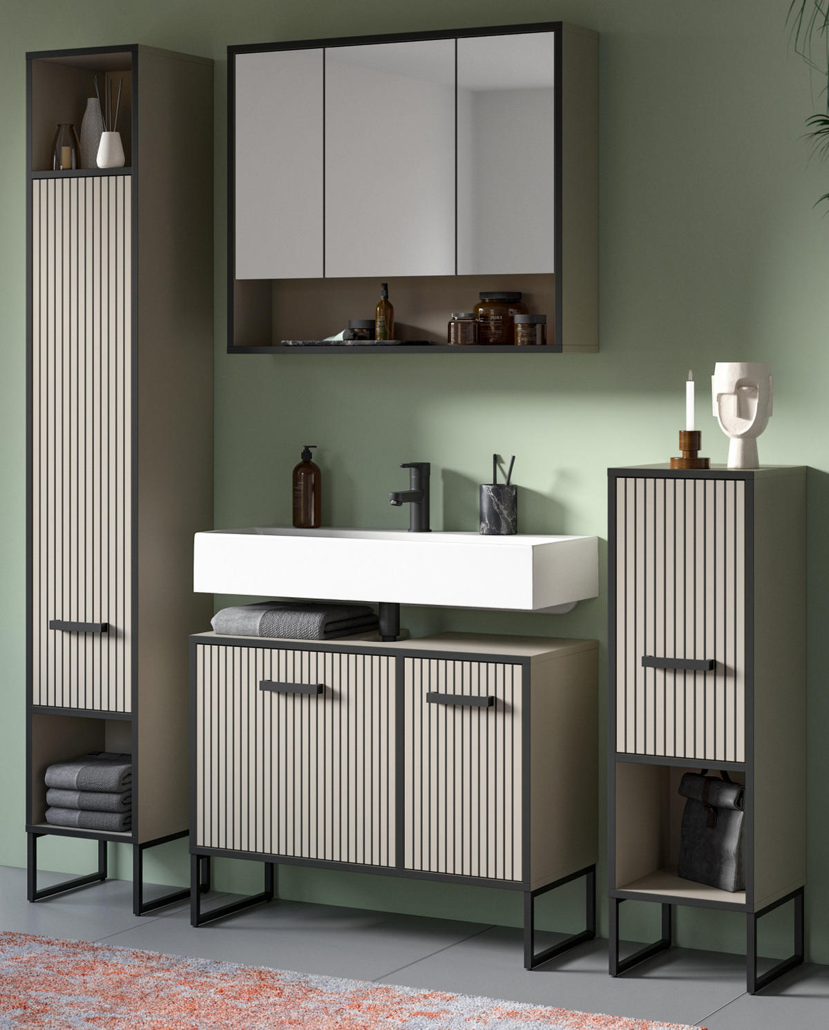 BADMÖBEL-SET 4-teilig Scana in schwarz, sand 170 cm, Kombination mit Soft-Close - Sandfarben/Schwarz, Glas/Holzwerkstoff (170/192/36cm) - Inn.Furn