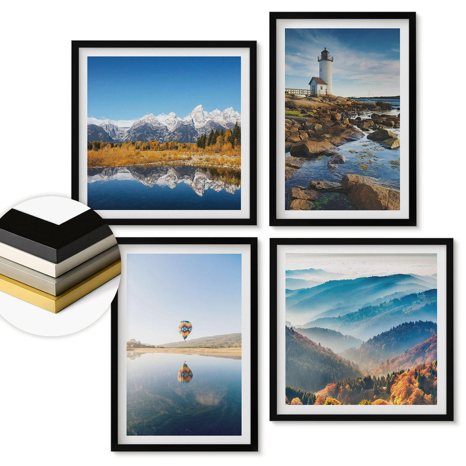WANDBILDER 4er-Set - 50x50 cm & 40x60 cm Schwarzer Rahmen - Ausblicke auf die Natur, Leuchtturm, Berge - Schwarz, Kunststoff (50/50cm) - ArtPrintCave