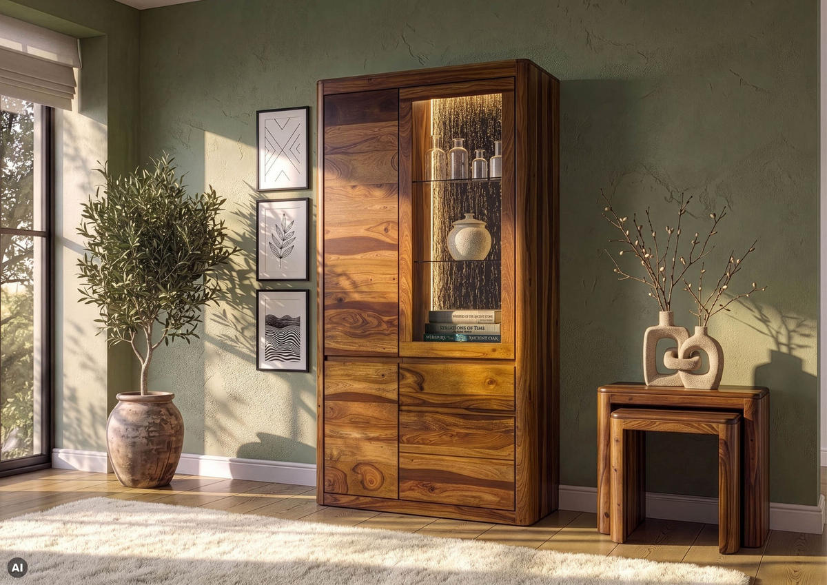 VITRINE Sheesham 109x40x202 walnuss gewachst TORONTO LUX #211 - Dunkelbraun, Holz (109/202/40cm) - Massivmoebel24