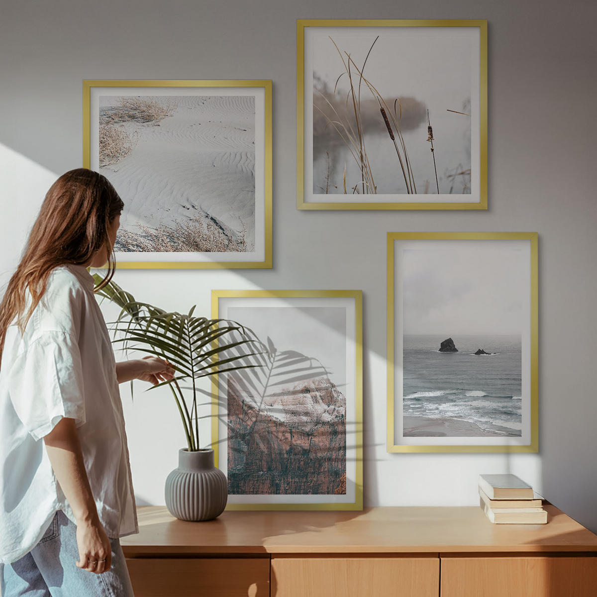 BILDER SET 4er Set - 50x50 cm & 40x60 cm Goldrahmen - Abstrakte Wellen, graue Pastellfarben - Goldfarben, Kunststoff (50/50cm) - TULUP