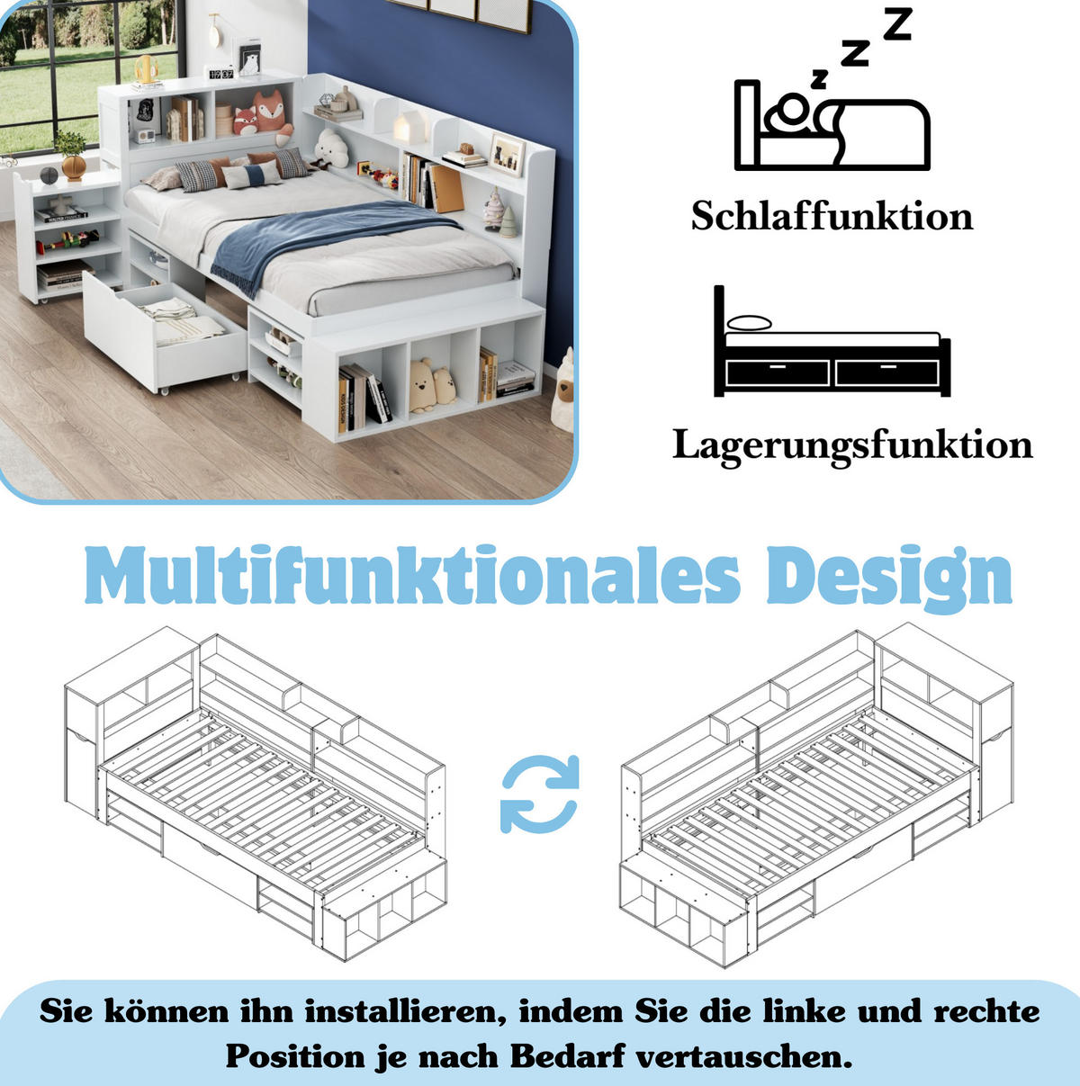 KINDERBETT 90/190 cm in Weiß mit Stauraum und Lattenrost - Weiß, Holzwerkstoff (90/190cm) - Flora Grace