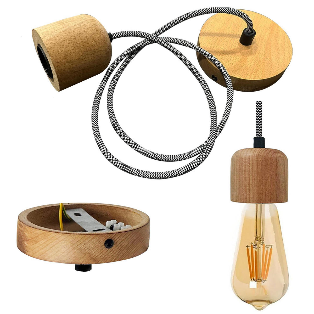 PENDELLEUCHTE Erdy Textilkabel 7.5/7 cm - Nussbaumfarben, Holz/Textil (7/7.5/7cm) - Bamyum