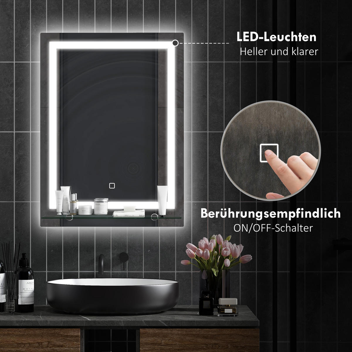 BADSPIEGEL mit Beleuchtung, Wandspiegel mit 3 Lichtfarben, 50 x 70 cm - Silberfarben, Metall (50/70/2.7cm) - Kleankin