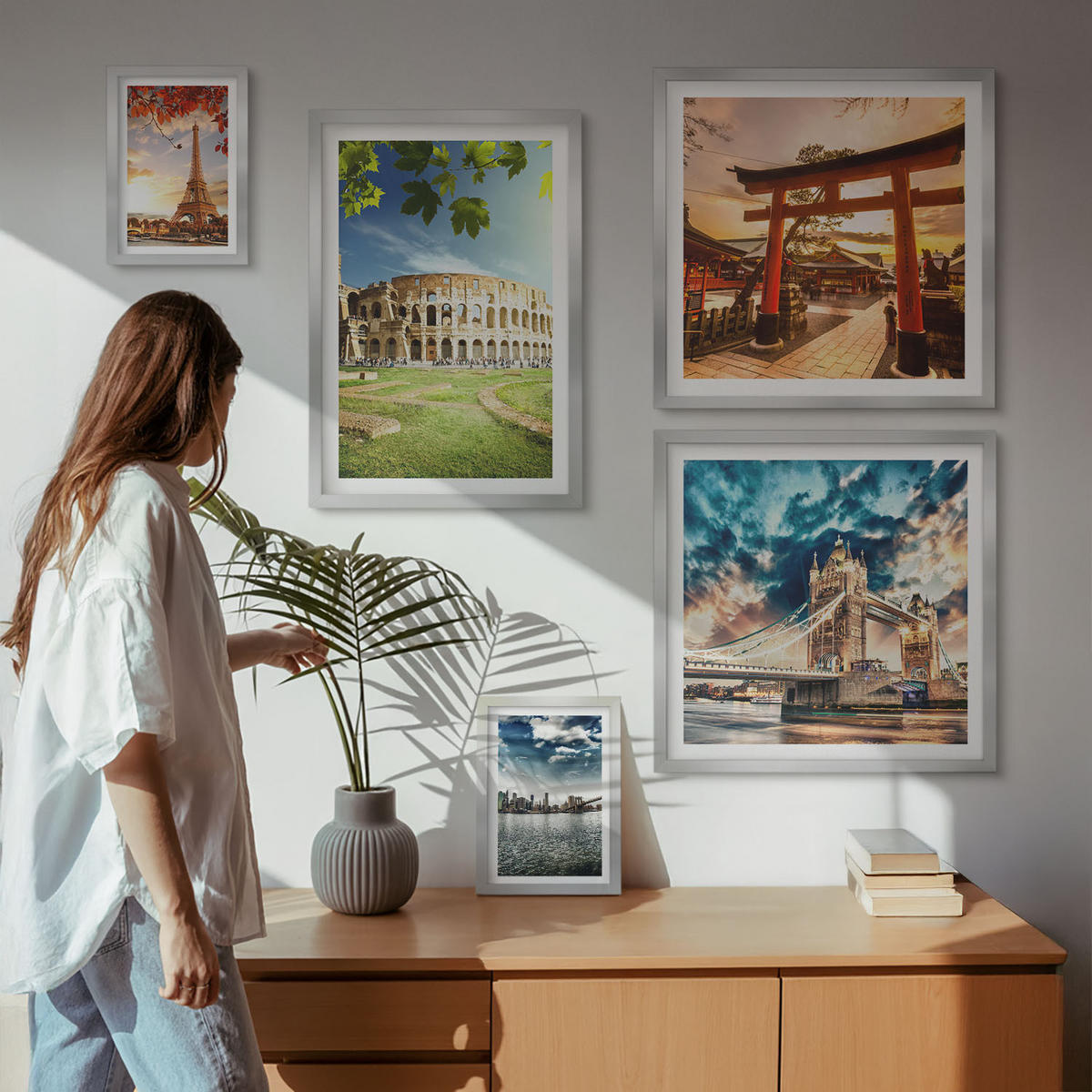 WANDBILDER 5er Set - 50x50 cm & 20x30 cm & 40x60 cm Silberner Rahmen - Entspannende Zen-Steine für inneren Frieden - Silberfarben, Kunststoff (40/60cm) - ArtPrintCave