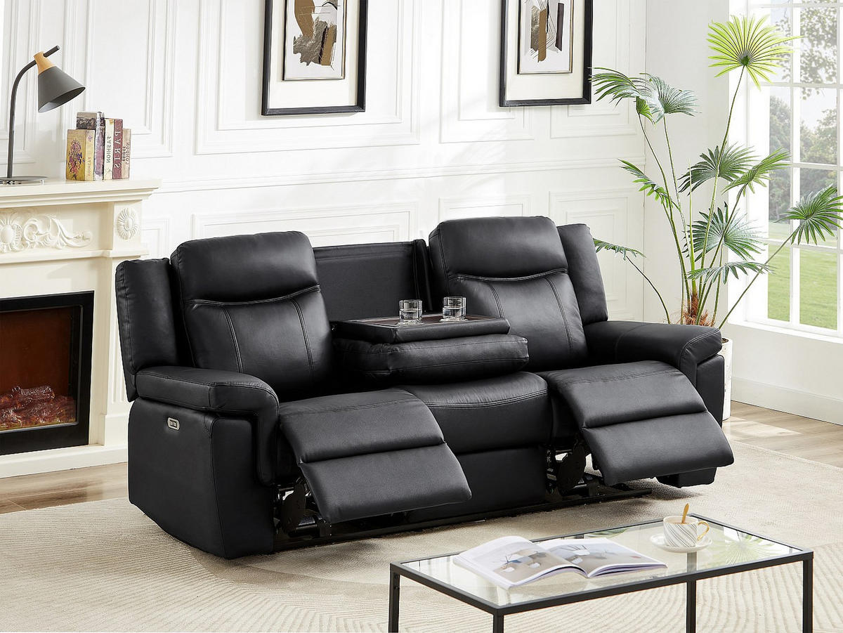 RELAXSOFA elektrisch 3-Sitzer - Leder - Schwarz - mit Getränkehalter - KENNETH - Schwarz, Leder (204/98/93cm) - Vente-Unique