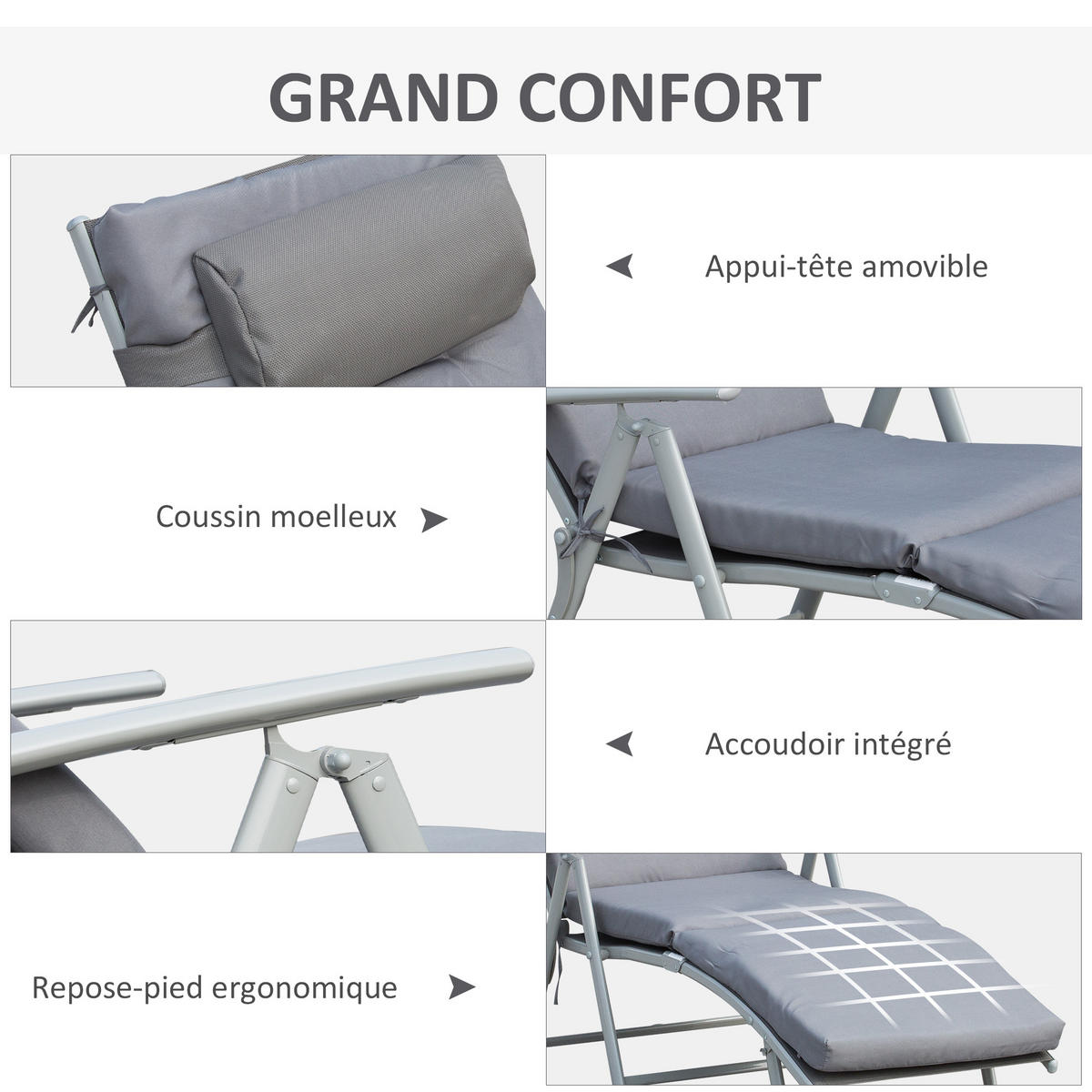 SONNENLIEGE DE-13495 7-fach verstellbar mit Matratze & Armlehnen Grau - Grau, Metall (63/100/137cm) - ComfortXL