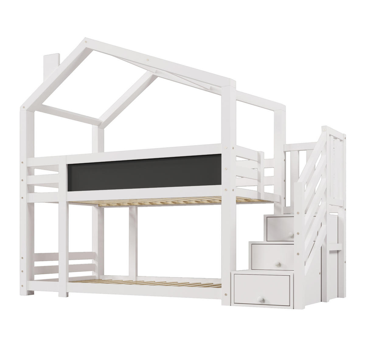 ETAGENBETT aus Kiefer-Massivholz und MDF 90x200 cm Weiß mit Stauraumtreppe und Tafel - Weiß, Holzwerkstoff (90/200cm) - IVMEU