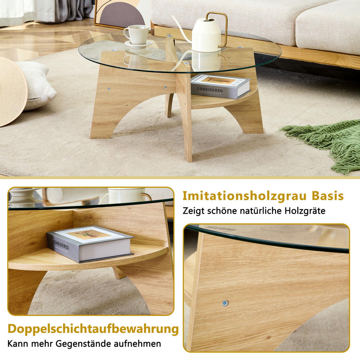 COUCHTISCH 80/36 cm aus Glas und MDF in Holzoptik mit fächerförmigem Gestell - Naturfarben, Holzwerkstoff (80/80/36cm) - Flora Grace