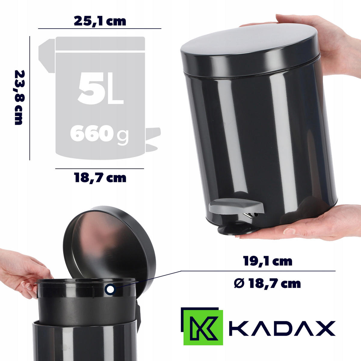 MÜLLEIMER 5L Anthrazit - Anthrazit, Metall (18.7/18.7cm) - KADAX