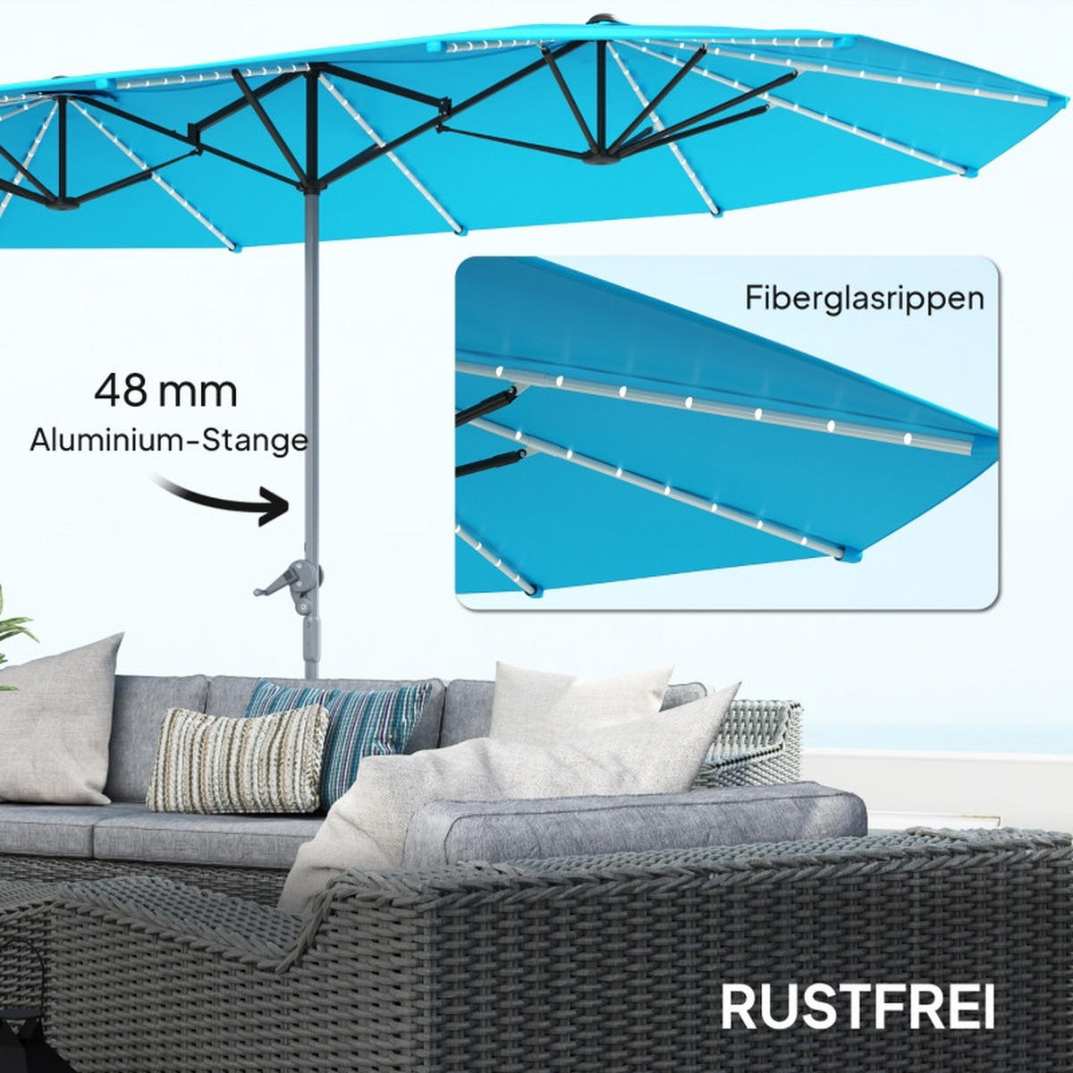SONNENSCHIRM Doppelsonnenschirm LED Solar Blau - Blau, Metall (267/451cm) - ComfortXL