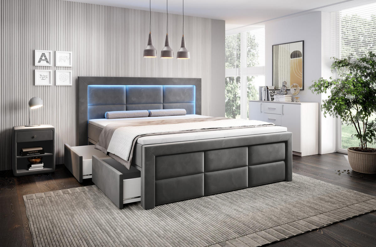BOXSPRINGBETT Aspen mit Schubladen und Topper, LED-Beleuchtung, Samt, 180x200 cm, Grau - Grau, Holz - PROMETO Möbel