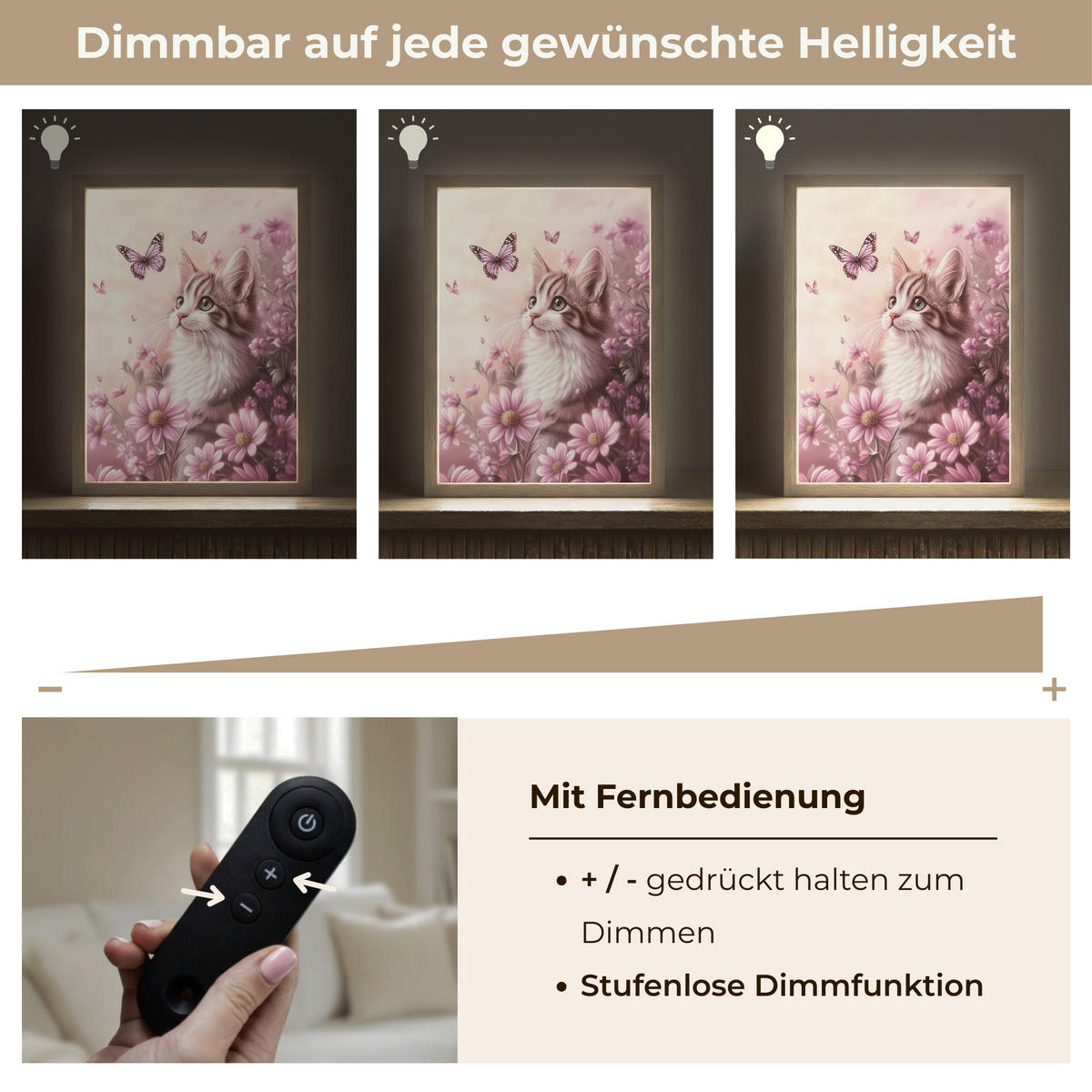 NÁSTĚNNÁ LAMPA S AKUMULÁTOREM Koťátko - Květiny - Motýli - Fialová 30x40 cm - starorůžová, kompozitní dřevo (30/40/8cm) - OnlyWow