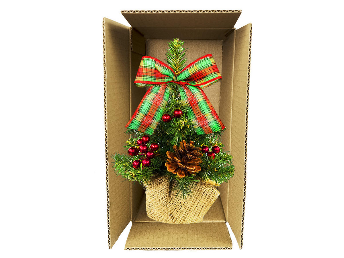 WEIHNACHTSBAUM künstlicher 25 cm, TINY 8, mit 27-teiligem Weihnachtsbaumschmuck, inkl. Metallständer und Aufbewahrungsbox - Rot/Braun, Kunststoff/Stein (18/25cm) - LAALU