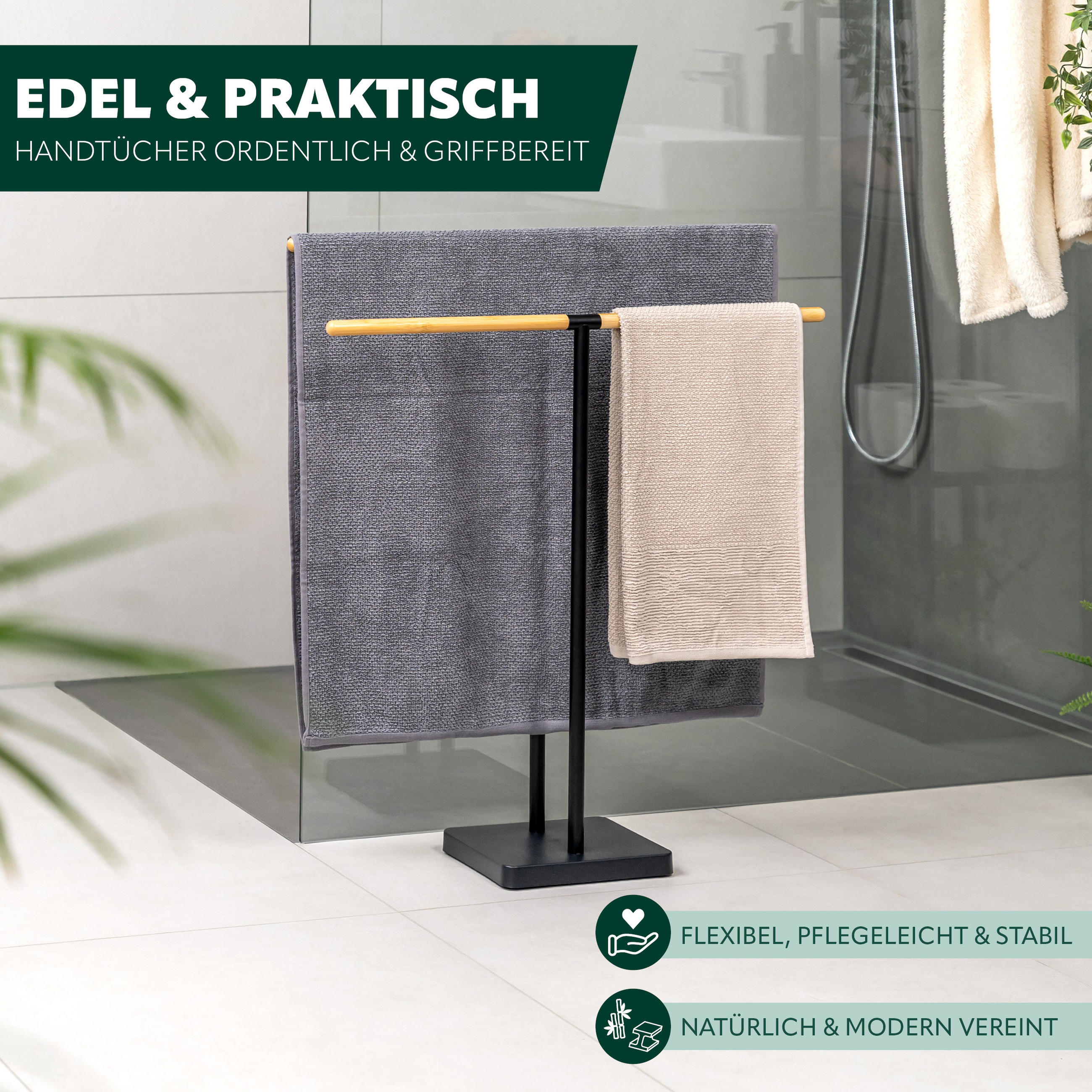 STAND-HANDTUCHHALTER, Bambus/Metall schwarz - Schwarz, Metall (68.5/79/18cm) - eluno