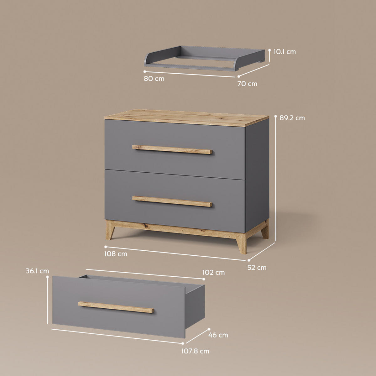 WICKELKOMMODE Mailo Grau/Artisan mit 2 Schubladen - Eiche Artisan/Grau, Holzwerkstoff (108/98/70cm) - Livinity®