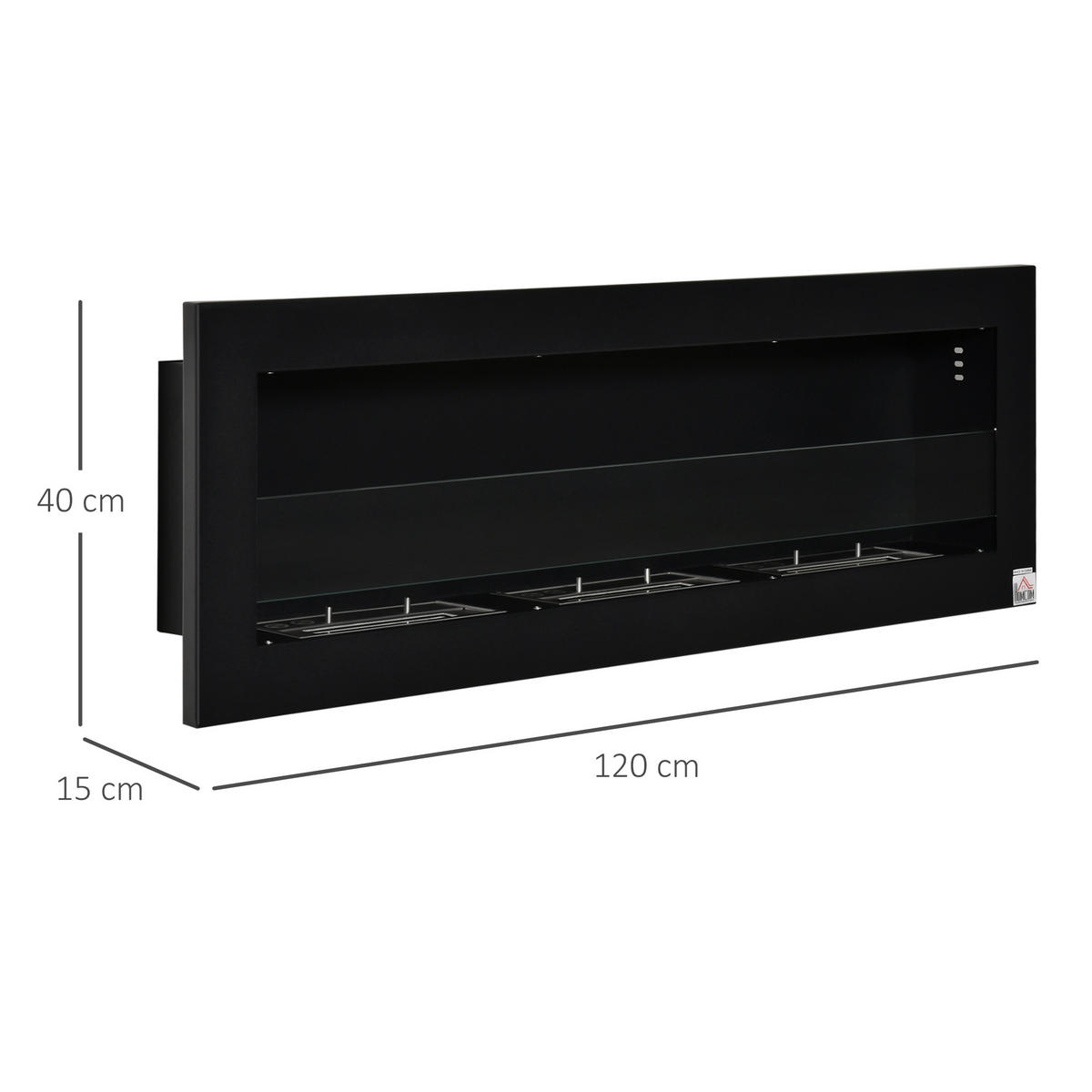 ETHANOL-KAMIN, 3 Brennboxenm, 2000W, kein Rauch, Stahl, gehärtetes Glas, Schwarz - Schwarz, Metall (15/40/120cm) - HOMCOM