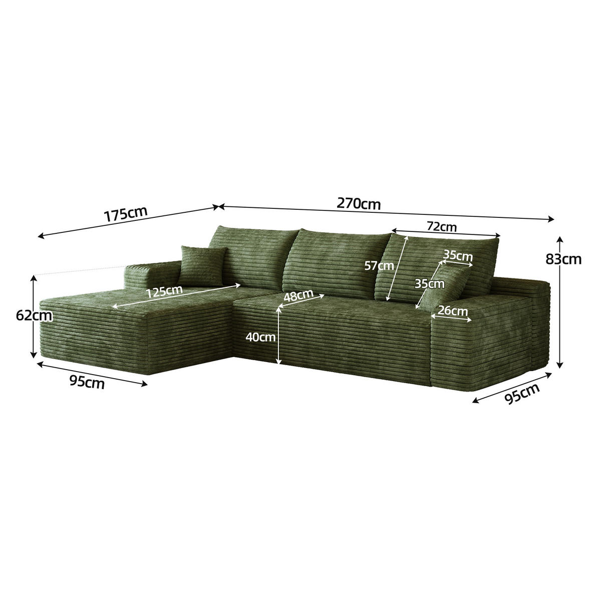 L-FÖRMIGES ECKSOFA Grün 270/175/83 cm 3-Sitzer Modular Cordstoff Ohne Montage - Grün, Textil (270/175cm) - PANGIVO