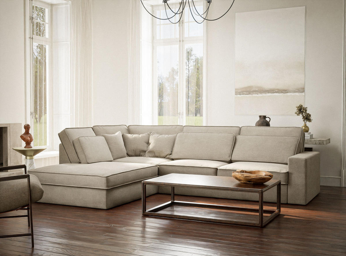 ECKSOFA Kirou Beige Chenille-Stoff - Links Seite - Beige/Schwarz, Holz/Holzwerkstoff (225/311cm) - Maison de Reve