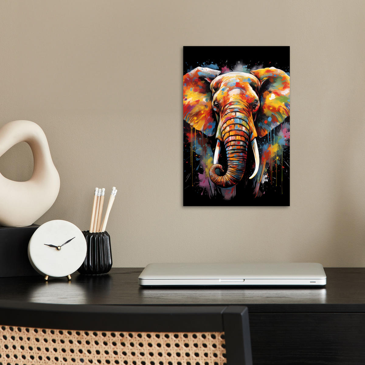 POSTER Elefant - Graffiti - Schwarz - Tiere - Farben 20x30 cm - Schwarz, Papier (20/30/0.1cm) - MuchoWow