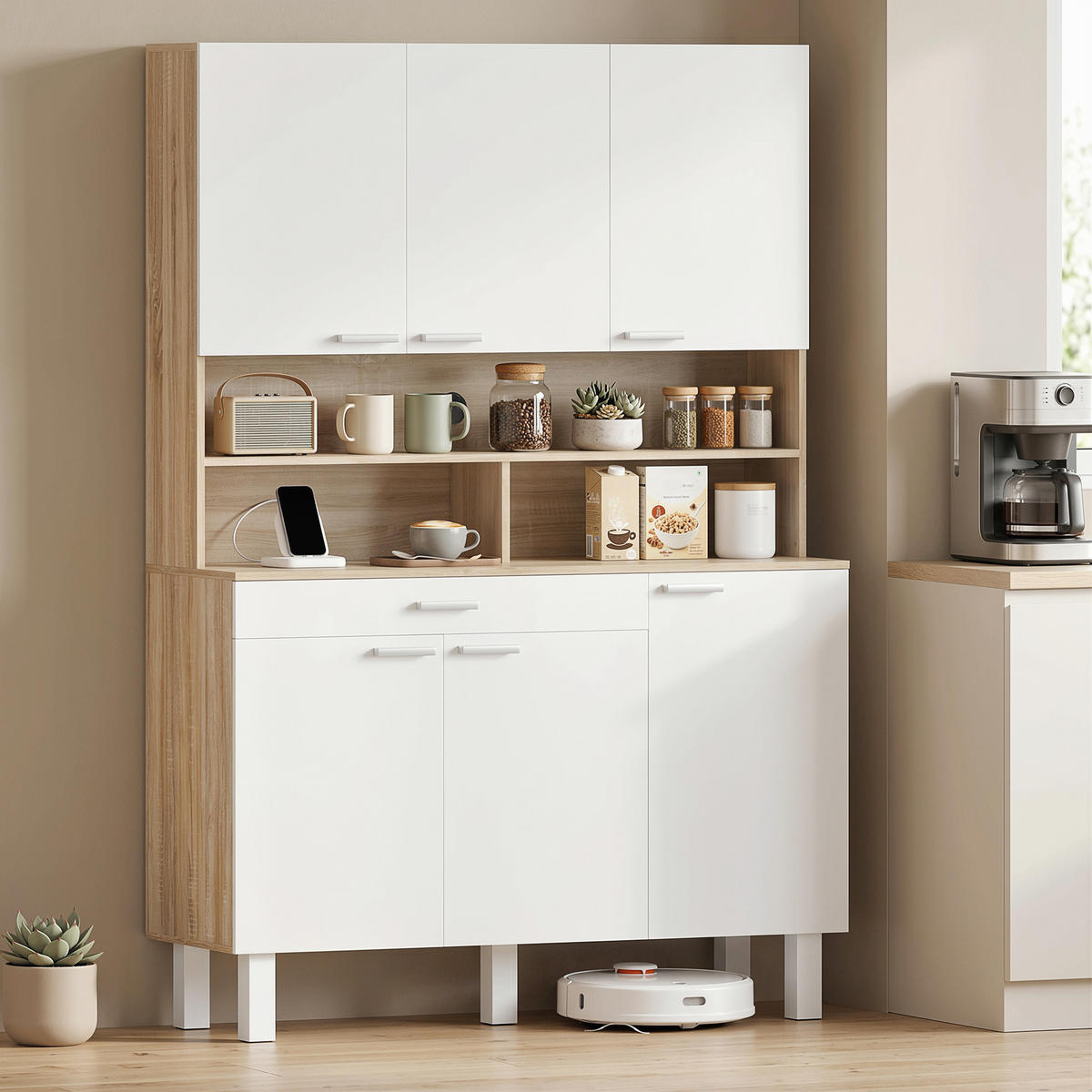 KÜCHENSCHRANK Weiß und Naturholz-Optik, 6 Türen, 120/40/175 cm - Weiß, Holzwerkstoff (120/175/40cm) - PANGIVO