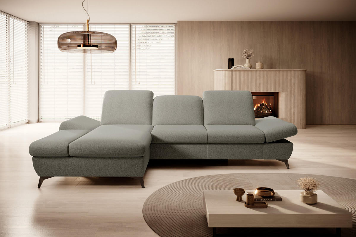 ECKSOFA FELICE L-S Grau Geflochtener Stoff mit Schlaffunktion - Grau, Holz (284/166cm) - MASSENO