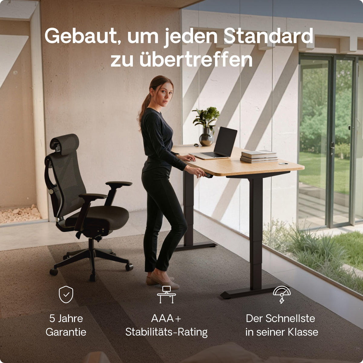 SCHREIBTISCH Elektrisch Höhenverstellbarer HomePro 120x60cm Schwarz/Bambus mit Memory-Funktion, Anti-Kollisions Technologie - Hellgelb/Schwarz, Holz (60/120/63.5cm) - Desktronic