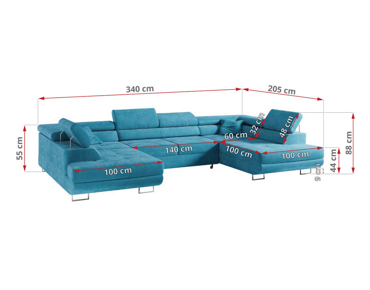 WOHNLANDSCHAFT GUSTAW U Hellblau Velvet - Silberfarben/Hellblau, Textil/Metall (340/55/205cm) - MKS