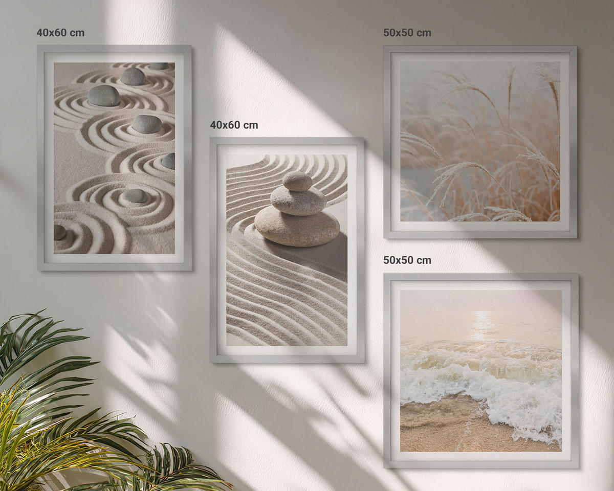 BILDER SET 4er Set - 50x50 cm & 40x60 cm Silberner Rahmen - Wellen, Sand, Wasser, Steine, Strand - Silberfarben, Kunststoff (50/50cm) - TULUP