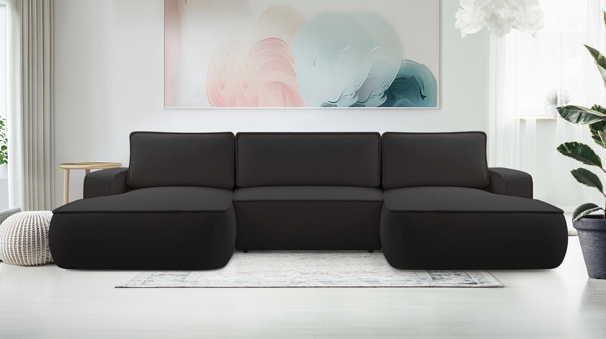 WOHNLANDSCHAFT Ablia Schwarz 364/168/87 cm mit Schlaffunktion - Schwarz, Kunststoff/Textil (364/87/168cm) - AX Living