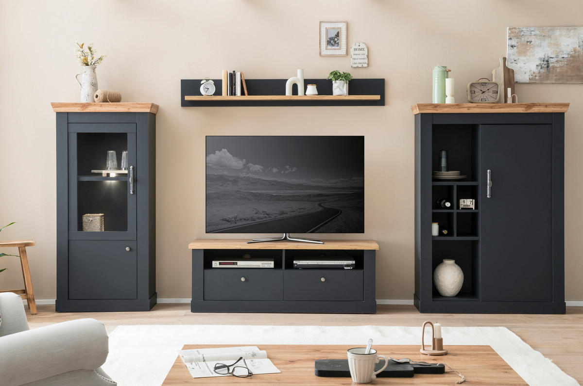 WOHNWAND 4-teilig grau, Eiche Wotan, Landhaus 349 x 170 cm, Wohnkombination mit Soft-Close - Silberfarben/Eiche Wotan, Glas/Holzwerkstoff (349/170/45cm) - Furn.Design